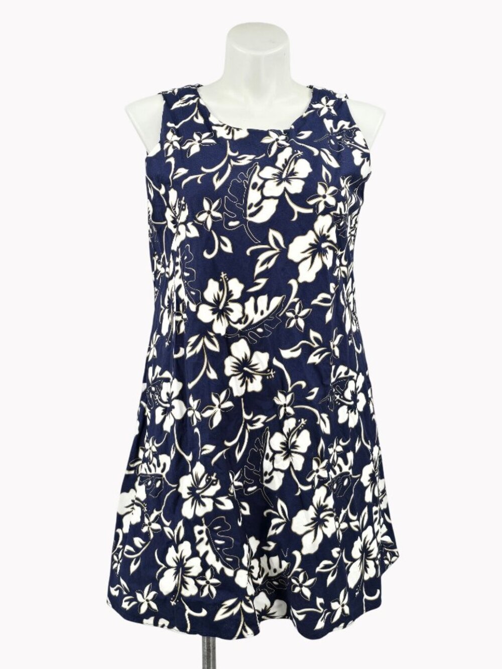 Hilo Hattie Womens XL Navy White Hawaiian Floral Sleeveless Dress Cotton Hawaii